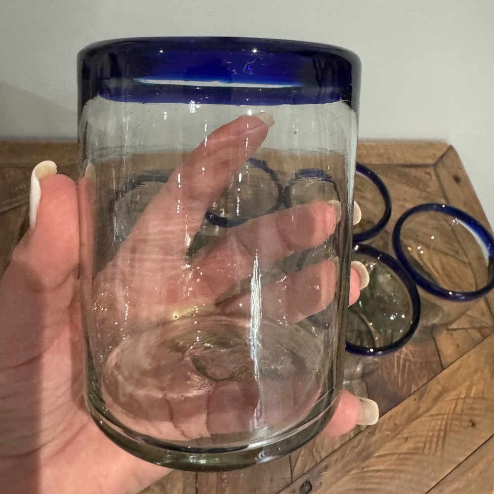 COBALT BLUE RIM TUMBLER HANDBLOWN GLASSES - SET OF 6 (10 OZ EACH - Picture 5 of 8